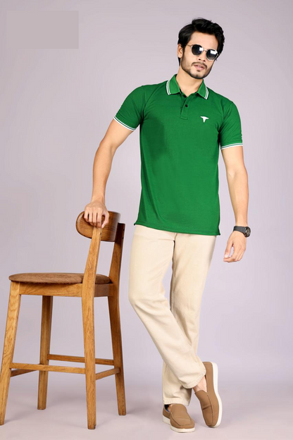 Men's Classic Light Green Polo T-Shirt with  White contrast Tipping – Casual Wear