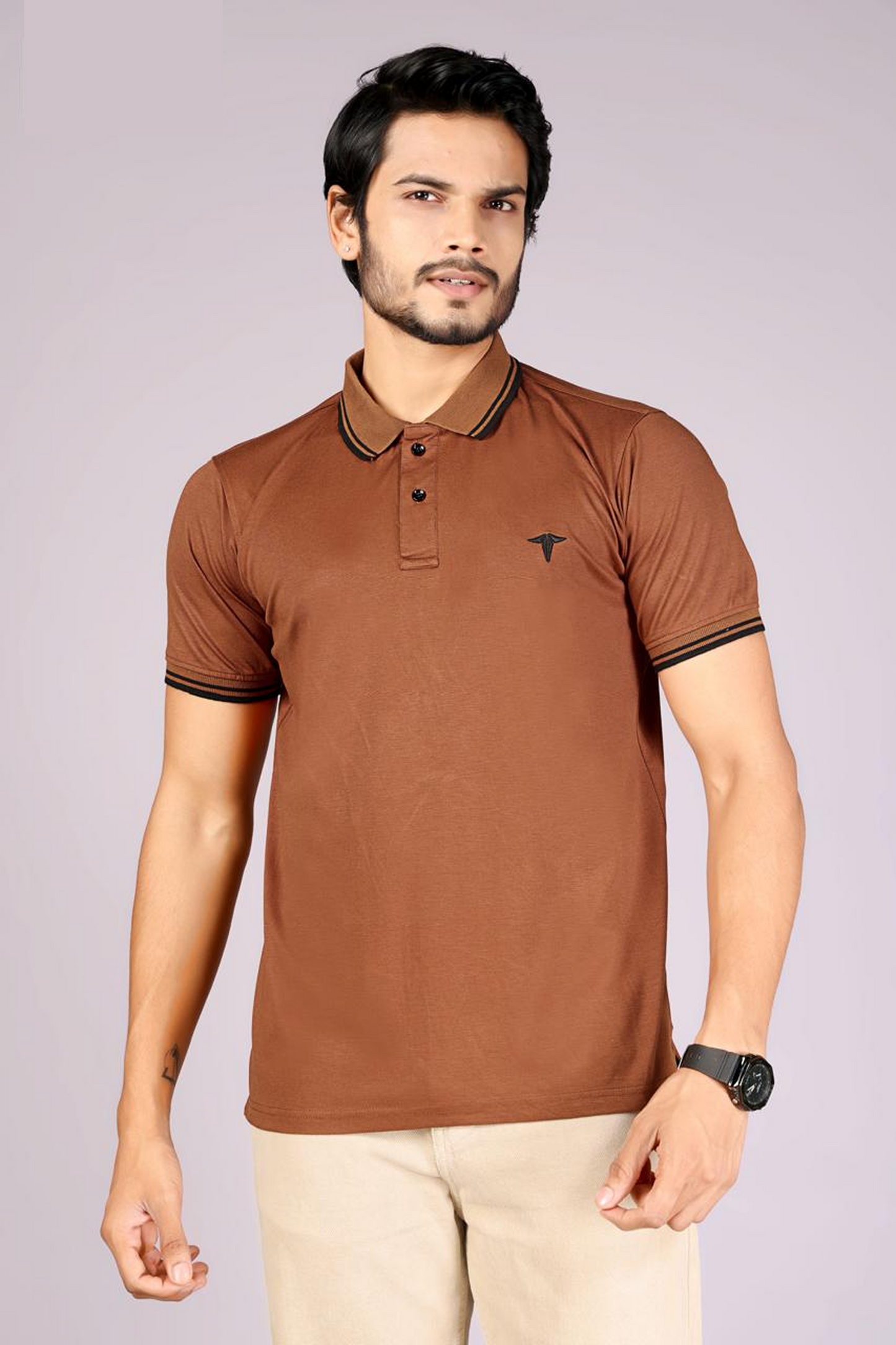 Imported Men's Classic  Brown Polo T-Shirt with Black Contrast Tipping – Casual Wear