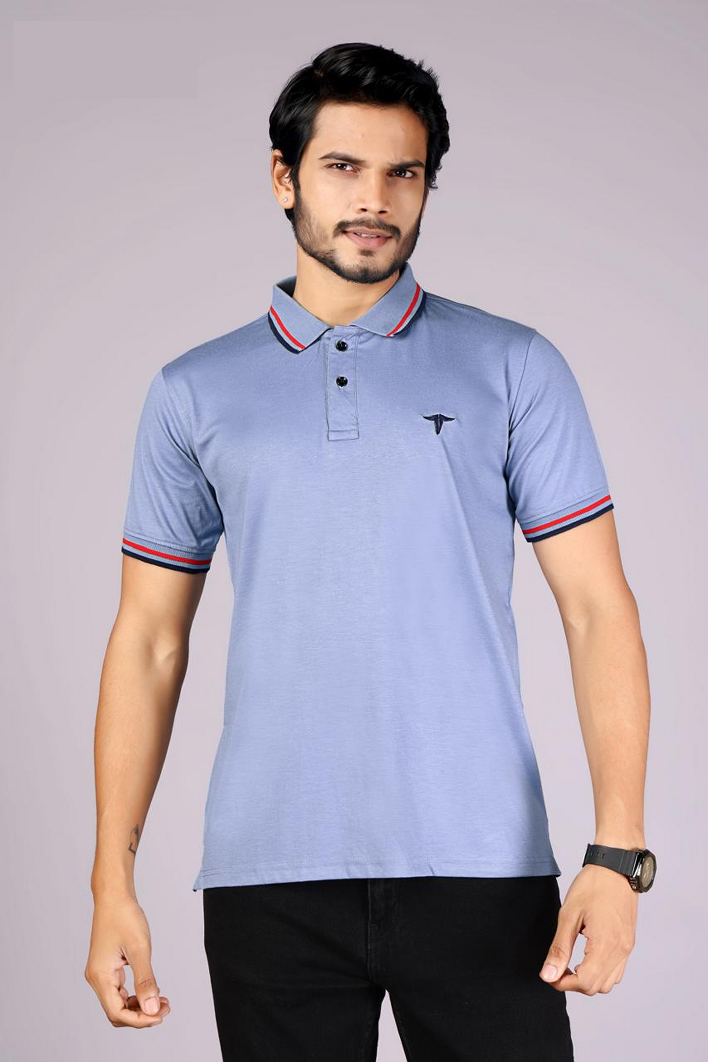 Imported Men's Classic  Light Blue Polo T-Shirt with Red and Navy Blue Contrast Tipping – Casual Wear