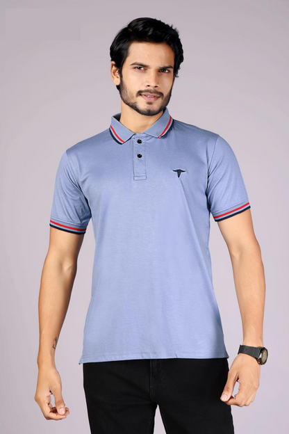 Imported Men's Classic  Light Blue Polo T-Shirt with Red and Navy Blue Contrast Tipping – Casual Wear