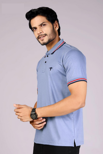 Imported Men's Classic  Light Blue Polo T-Shirt with Red and Navy Blue Contrast Tipping – Casual Wear