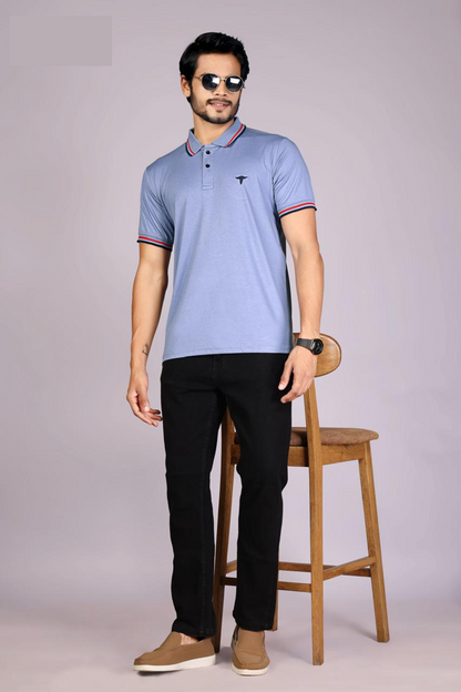 Imported Men's Classic  Light Blue Polo T-Shirt with Red and Navy Blue Contrast Tipping – Casual Wear