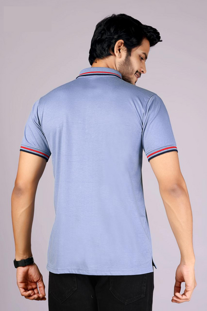 Imported Men's Classic  Light Blue Polo T-Shirt with Red and Navy Blue Contrast Tipping – Casual Wear