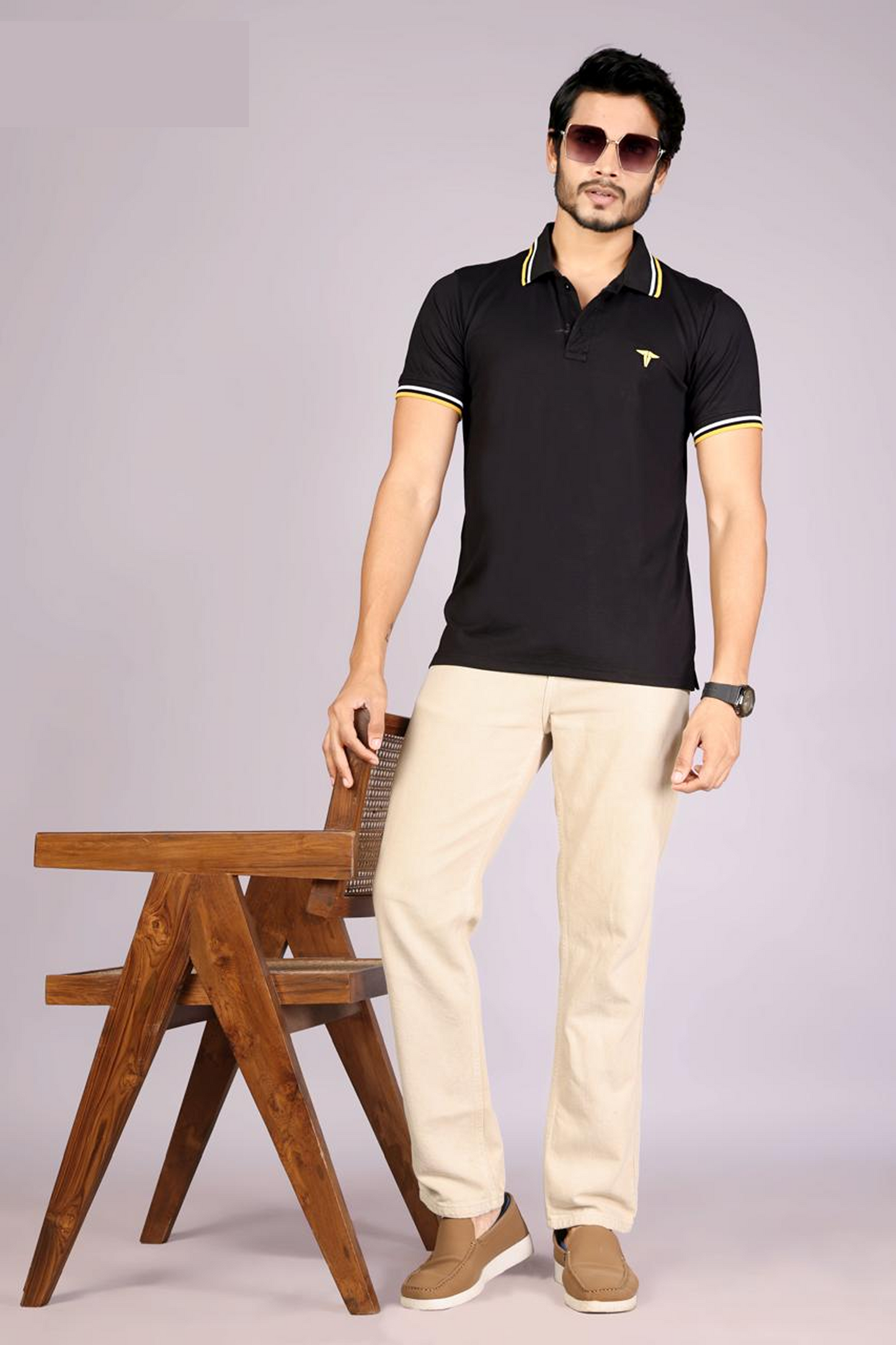 Imported Men's Classic  Black  Polo T-Shirt with White and Yellow Blue Contrast Tipping – Casual Wear