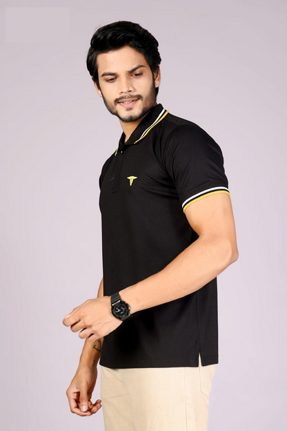 Imported Men's Classic  Black  Polo T-Shirt with White and Yellow Blue Contrast Tipping – Casual Wear