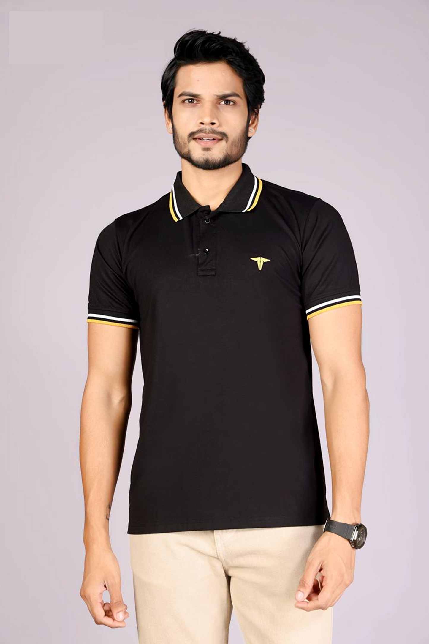 Imported Men's Classic  Black  Polo T-Shirt with White and Yellow Blue Contrast Tipping – Casual Wear