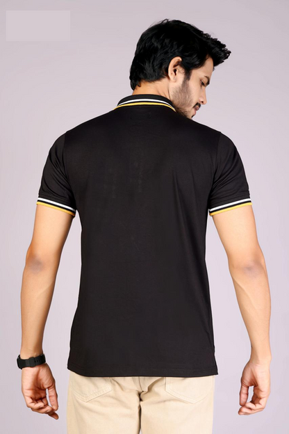 Imported Men's Classic  Black  Polo T-Shirt with White and Yellow Blue Contrast Tipping – Casual Wear