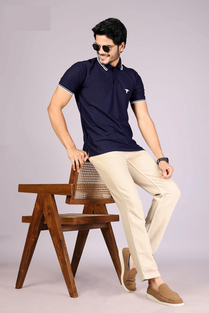 Men's Classic Navy Blue Polo T-Shirt with  White contrast Tipping – Casual Wear