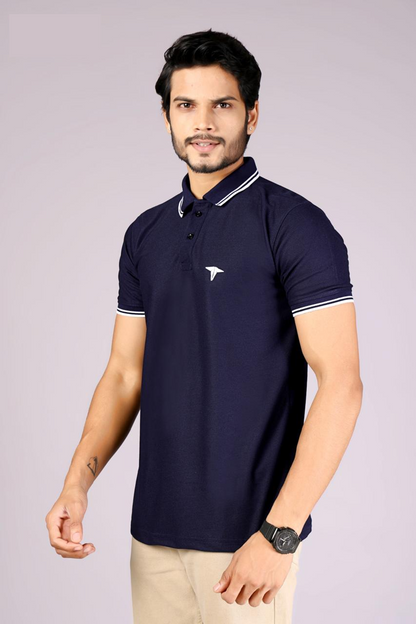 Men's Classic Navy Blue Polo T-Shirt with  White contrast Tipping – Casual Wear