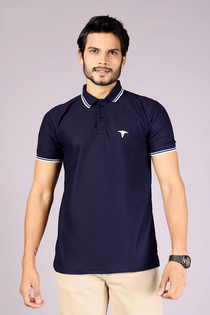 Men's Classic Navy Blue Polo T-Shirt with  White contrast Tipping – Casual Wear