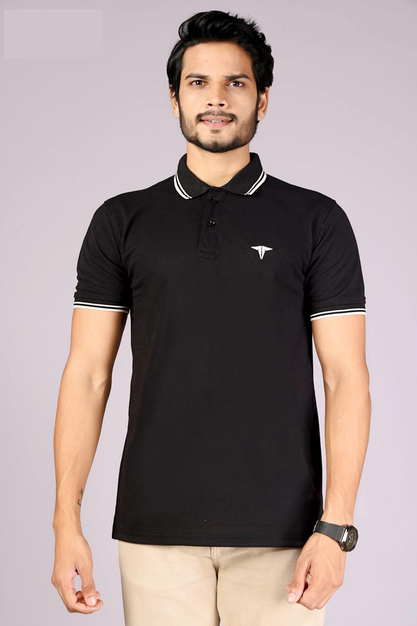 Men's Classic Black Polo T-Shirt with  White contrast Tipping – Casual Wear