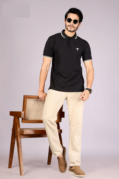 Men's Classic Black Polo T-Shirt with  White contrast Tipping – Casual Wear