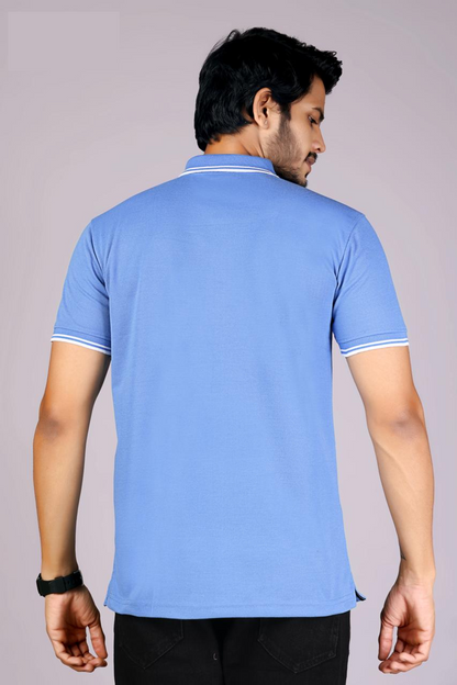 Men's Classic Sky Blue Polo T-Shirt with  White Matching Tipping – Casual Wear