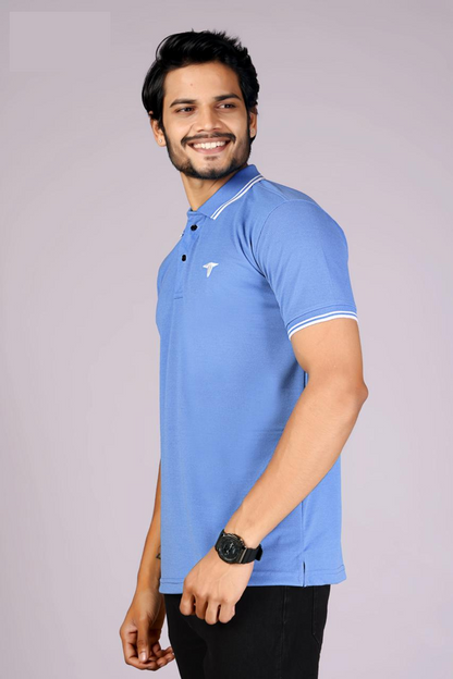 Men's Classic Sky Blue Polo T-Shirt with  White Matching Tipping – Casual Wear