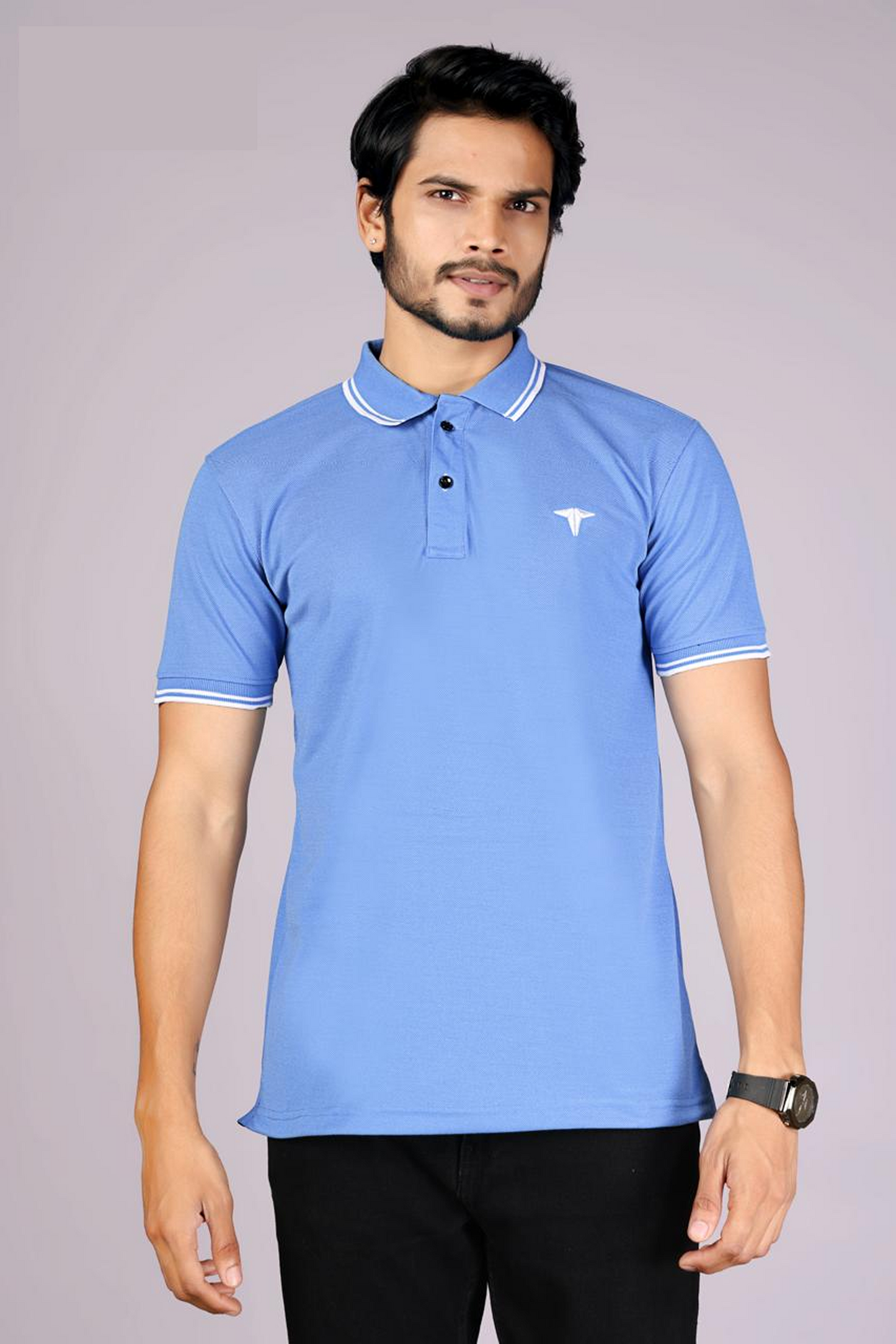 Men's Classic Sky Blue Polo T-Shirt with  White Matching Tipping – Casual Wear