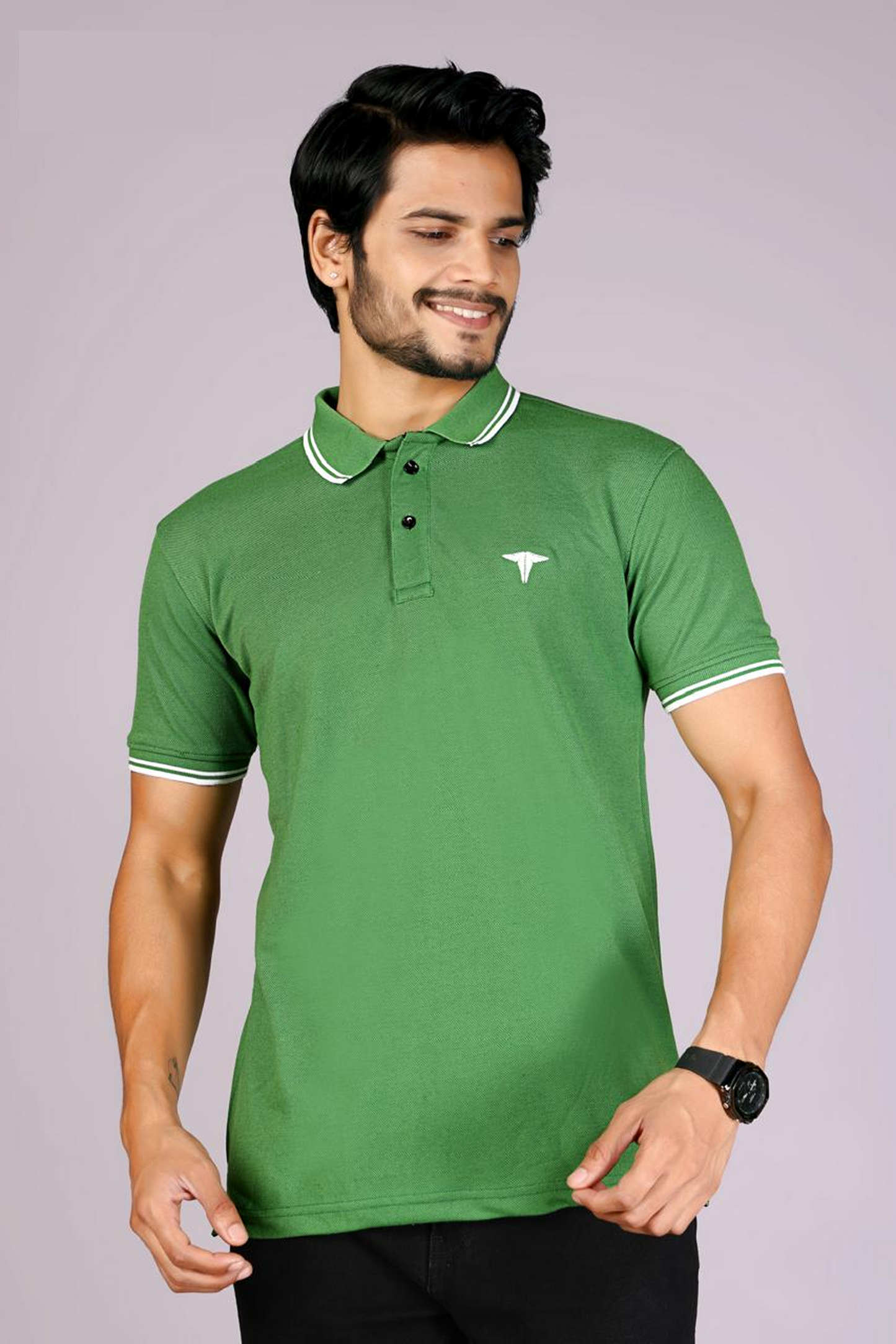 Men's Classic Green Polo T-Shirt with  White Matching Tipping – Casual Wear