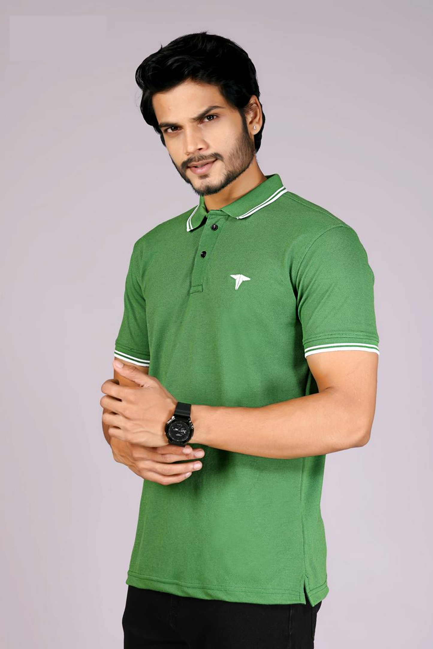 Men's Classic Green Polo T-Shirt with  White Matching Tipping – Casual Wear