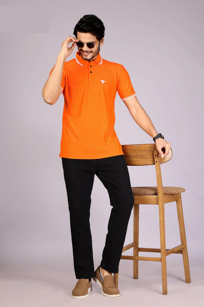 Men's Classic Orange Polo T-Shirt with  White Matching Tipping – Casual Wear